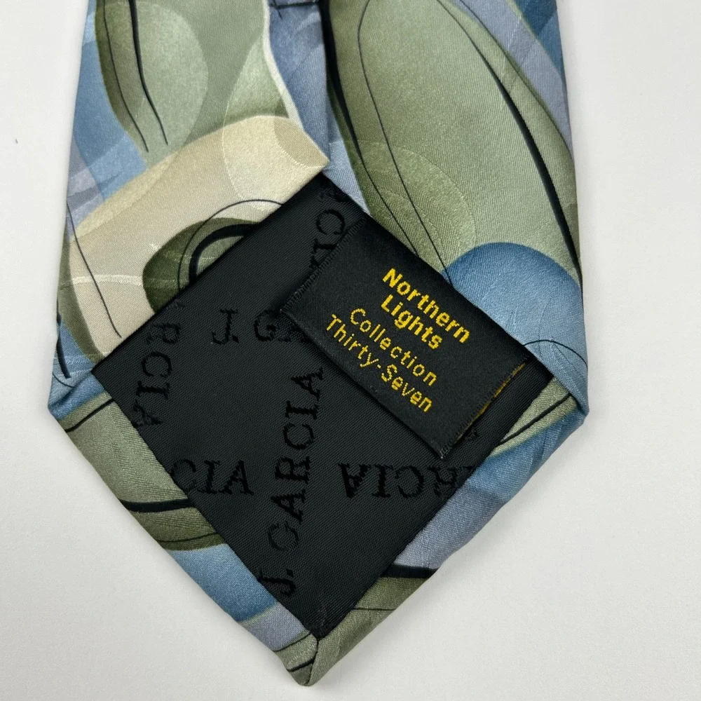 Vintage‎ 2004 J. Garcia Northern Lights Green Blue Geometric 100% Silk Tie China